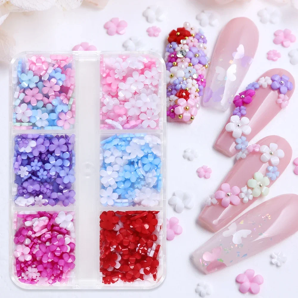 Mixed Acrylic Flowers Nail Art Decoration Spring Cute Five-Petals Mini Florets DIY Valentine's Day Nails Rhinestone Accessories