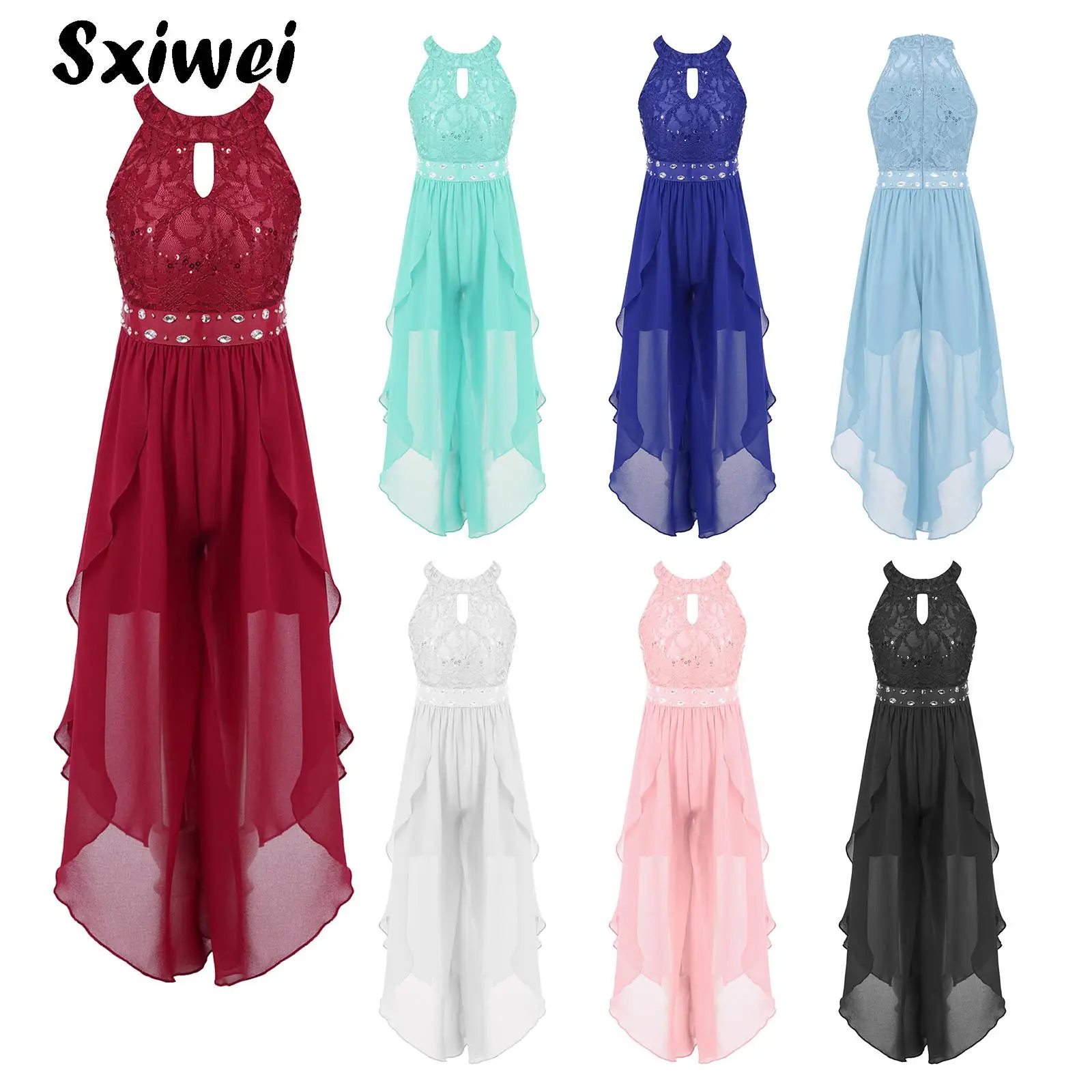 Girls Halter Neck Dress Kids Fancy Formal Party Prom Romper Maxi Walk-Through Party Dress Chiffon Sequined Flower Girl Dress