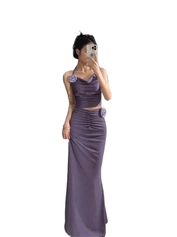 Retro Two-Piece Satin Dress Rose Charm Sets Summer Women Halter Camisole+Wrapped Long Skirts Elegant Party Full Dress 2024 New