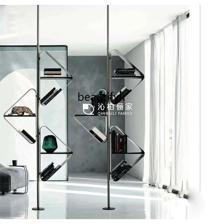 60.Stainless steel creative partition bookshelf designer light luxury living room display rack through top display rack