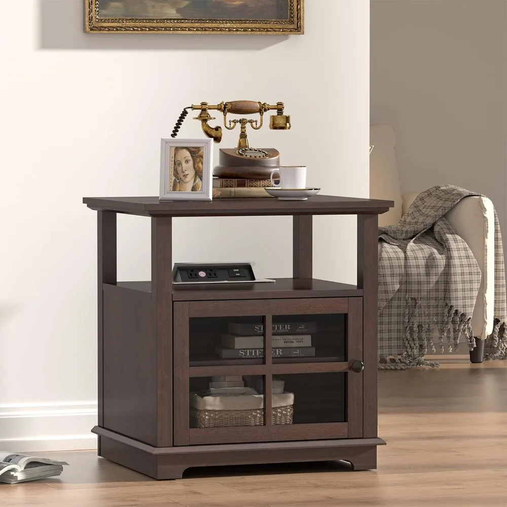 21 Inch Side Table with Bedroom Charging Station, Farmhouse Rustic Style Wood Sofa Side Table Set of 2 with Large Storage