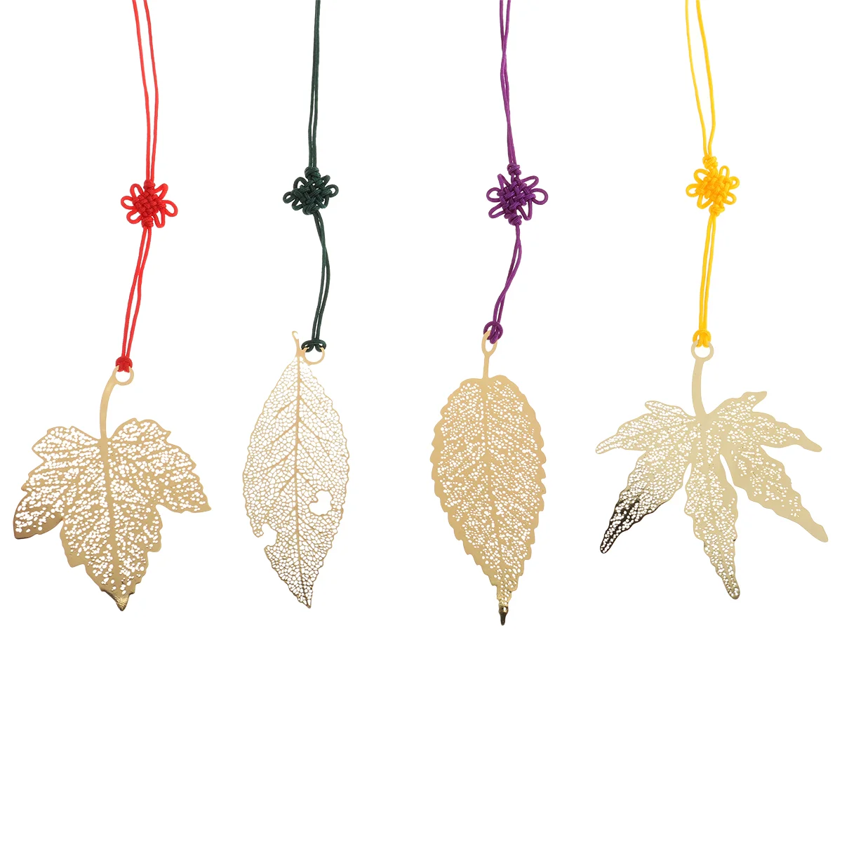 4 Pcs Golden Metal Leaf Bookmark Vintage Maple Leaves Bookmark with Chinese Knotting Strap (Random Style)