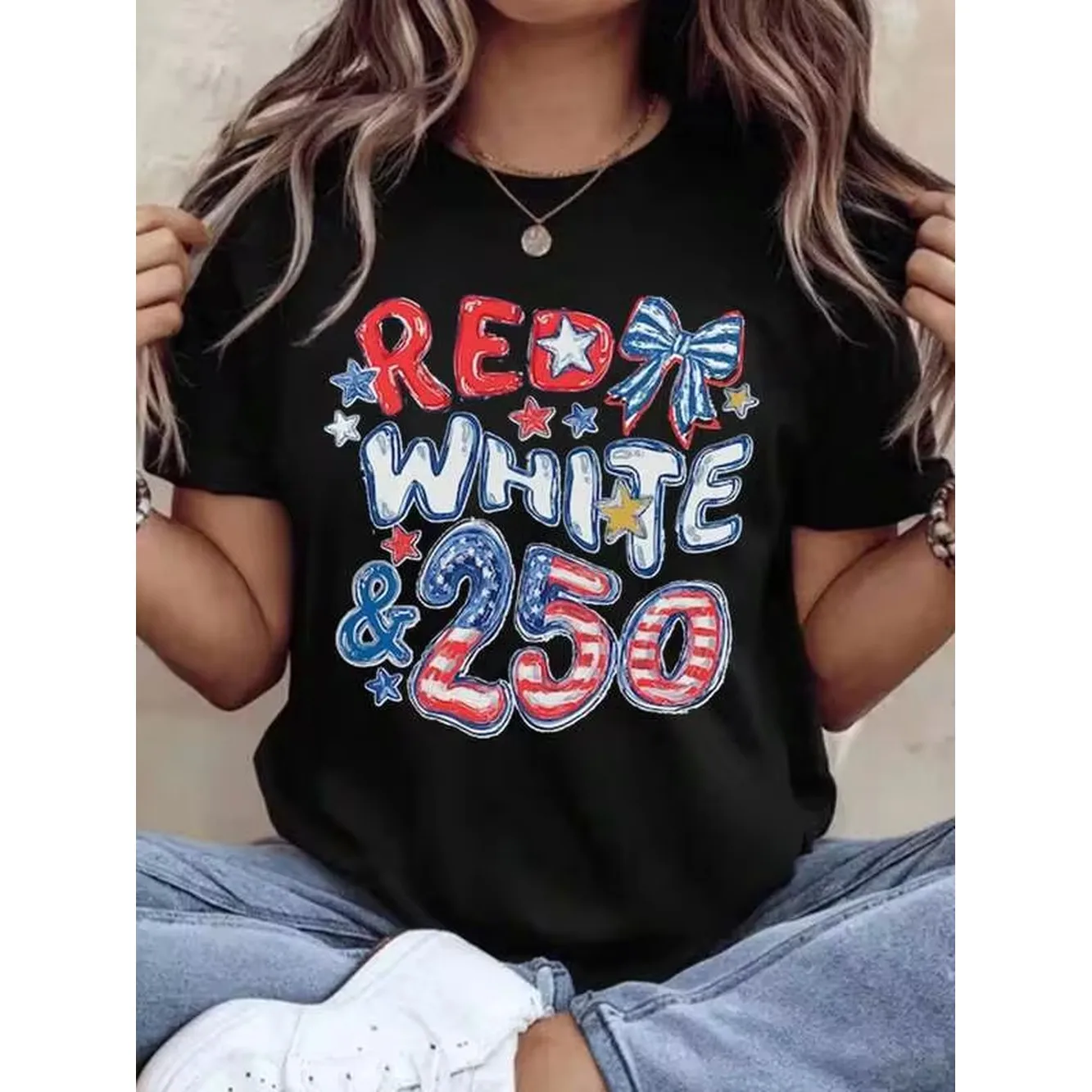 Red And 250 Patriotic Independence Day T-Shirt For Women American Flag Celebration Fourth Of July Festival Casual Top,220g