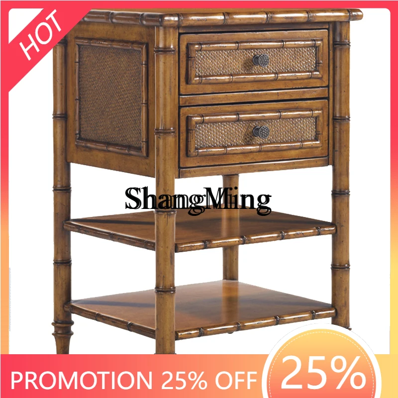CL Asian Island Style Villa Rattan Imitation Bamboo Solid Wood Bedside Table in stock