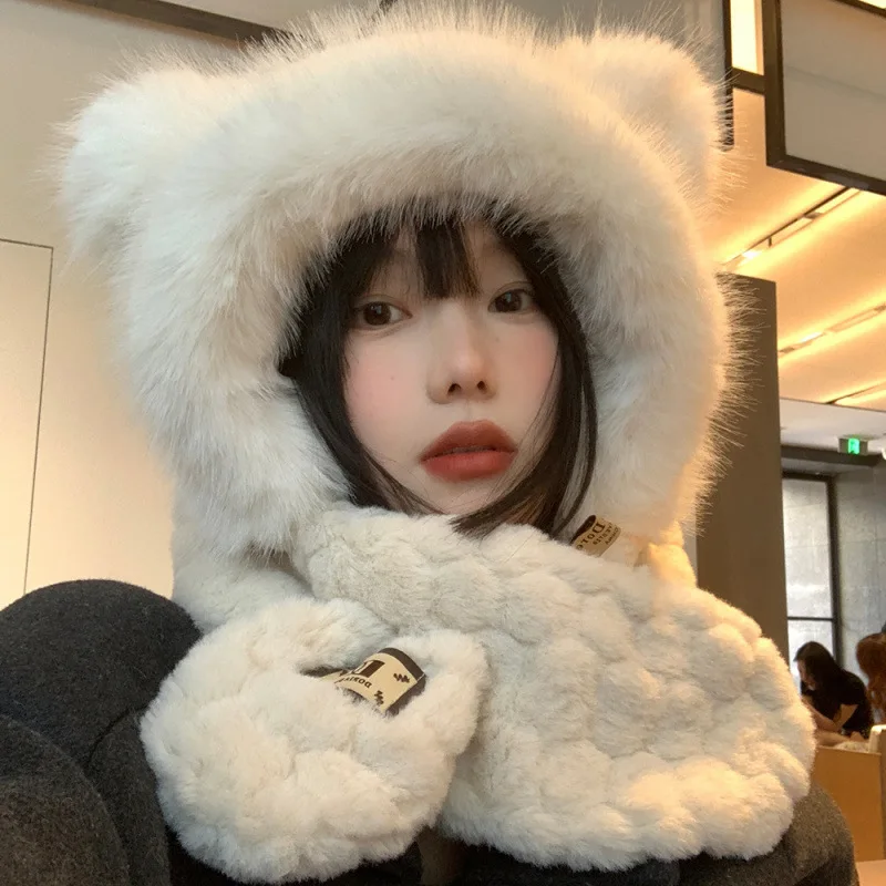 

Women's Fleece-lined Winter Scarf Hat Korean-style Versatile Thickened Warm Beanie Cute Ear-warming Windproof Girl's Hat