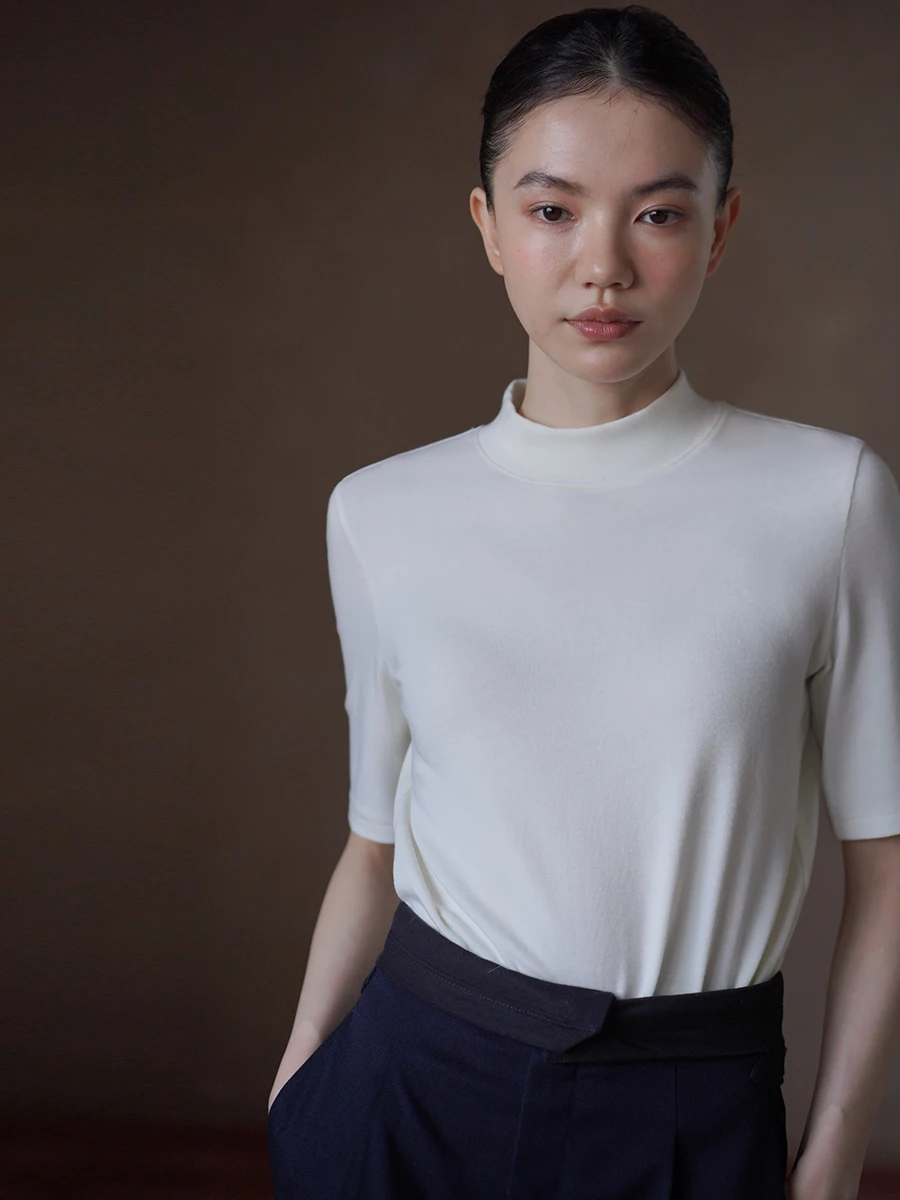 Hacikis Lady Commute Friendly mid Sleeve High Neck Slim Fit Inner Wear Top for Women Comfortable Elastic Skin Care Basic T-Shirt