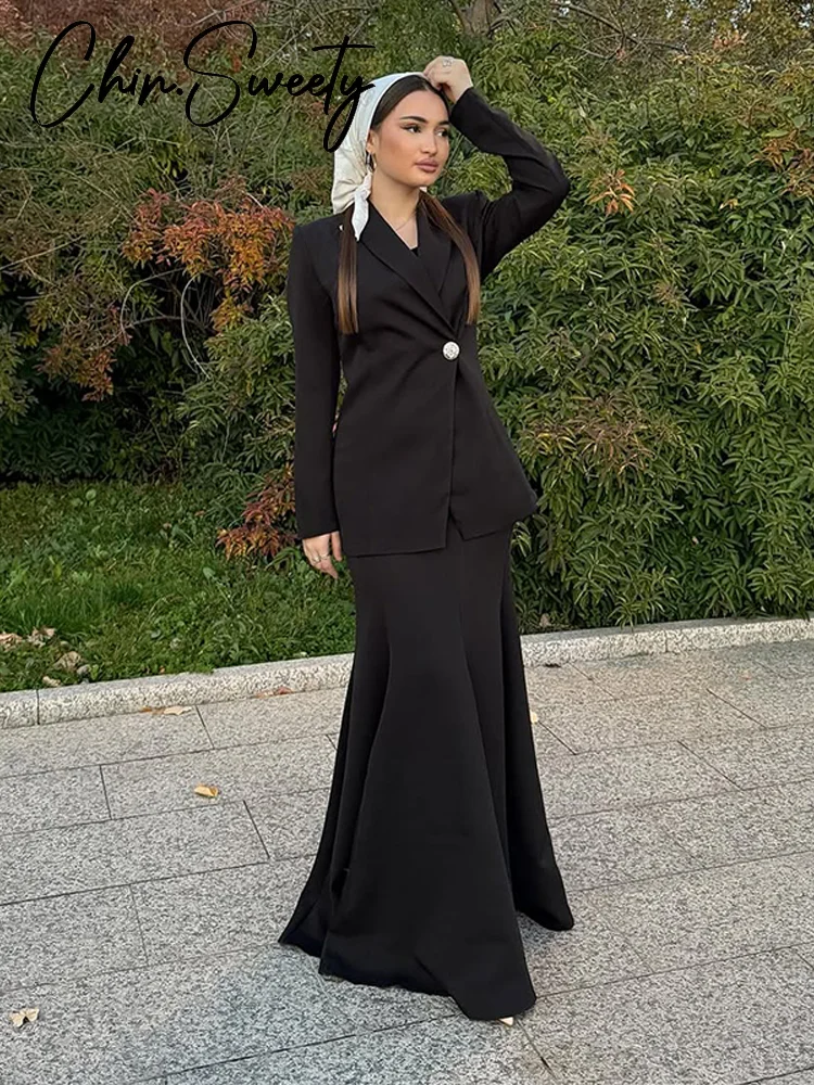 

Элегантный пиджак на одной пуговице, женский комплект, однотонное тонкое пальто с лацканами, плиссированные длинные юбки 2026, весенне-осенний женский костюм