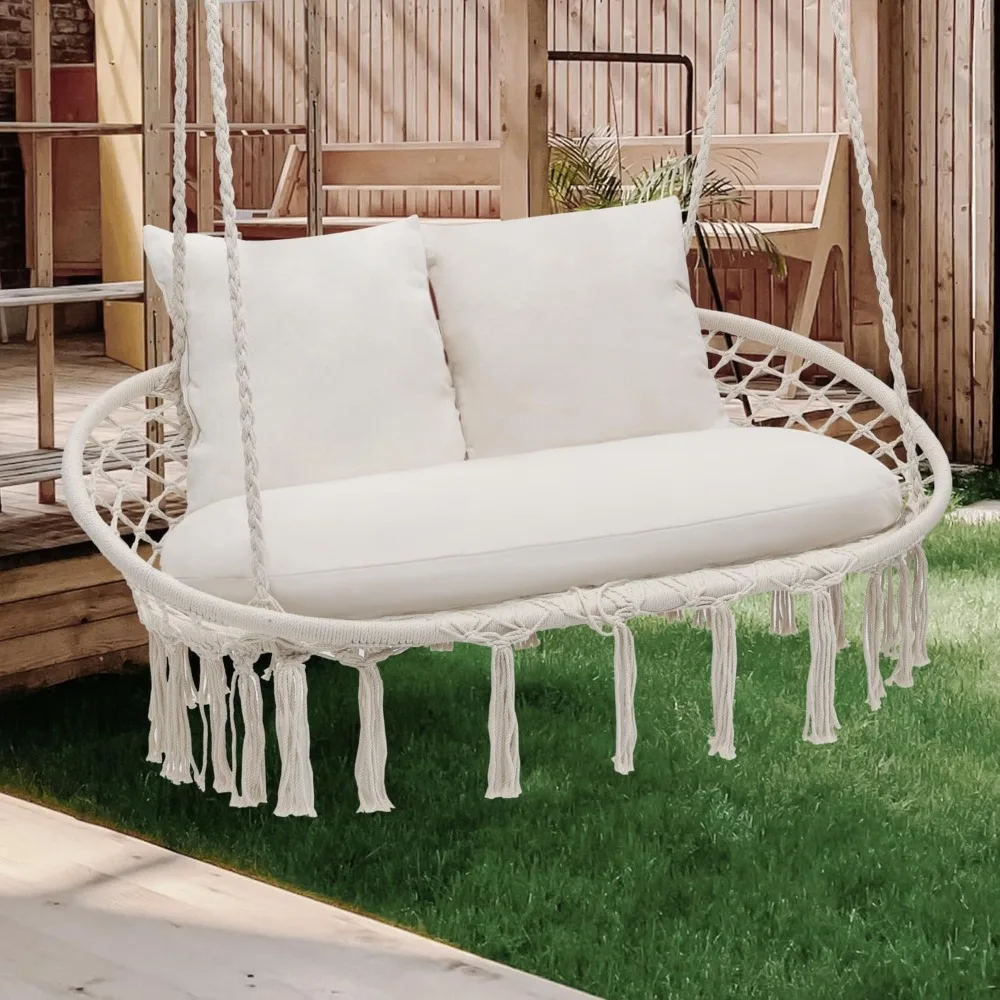 

Double Swing Chair with 3 Cushions for Outside, Large Hanging Macrame Swing Chair for Indoor/Outdoor Relax