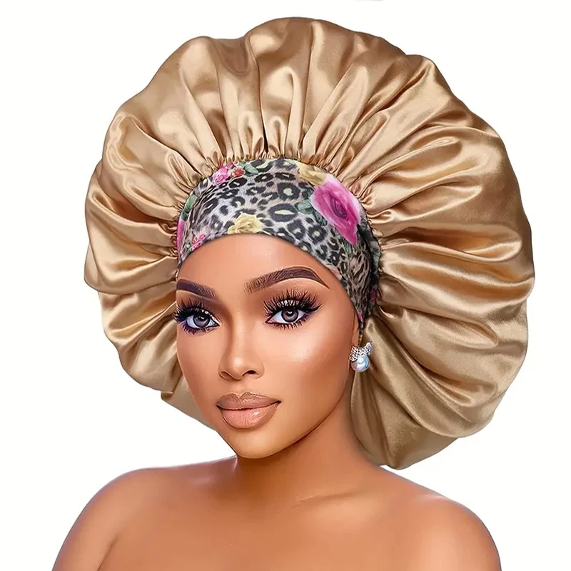 Women Extra Large Silky Satin Hair Bonnet Thick Hair Sleep Cap Elastic Band Beanie African Headwrap Flower Turban Chemo Caps