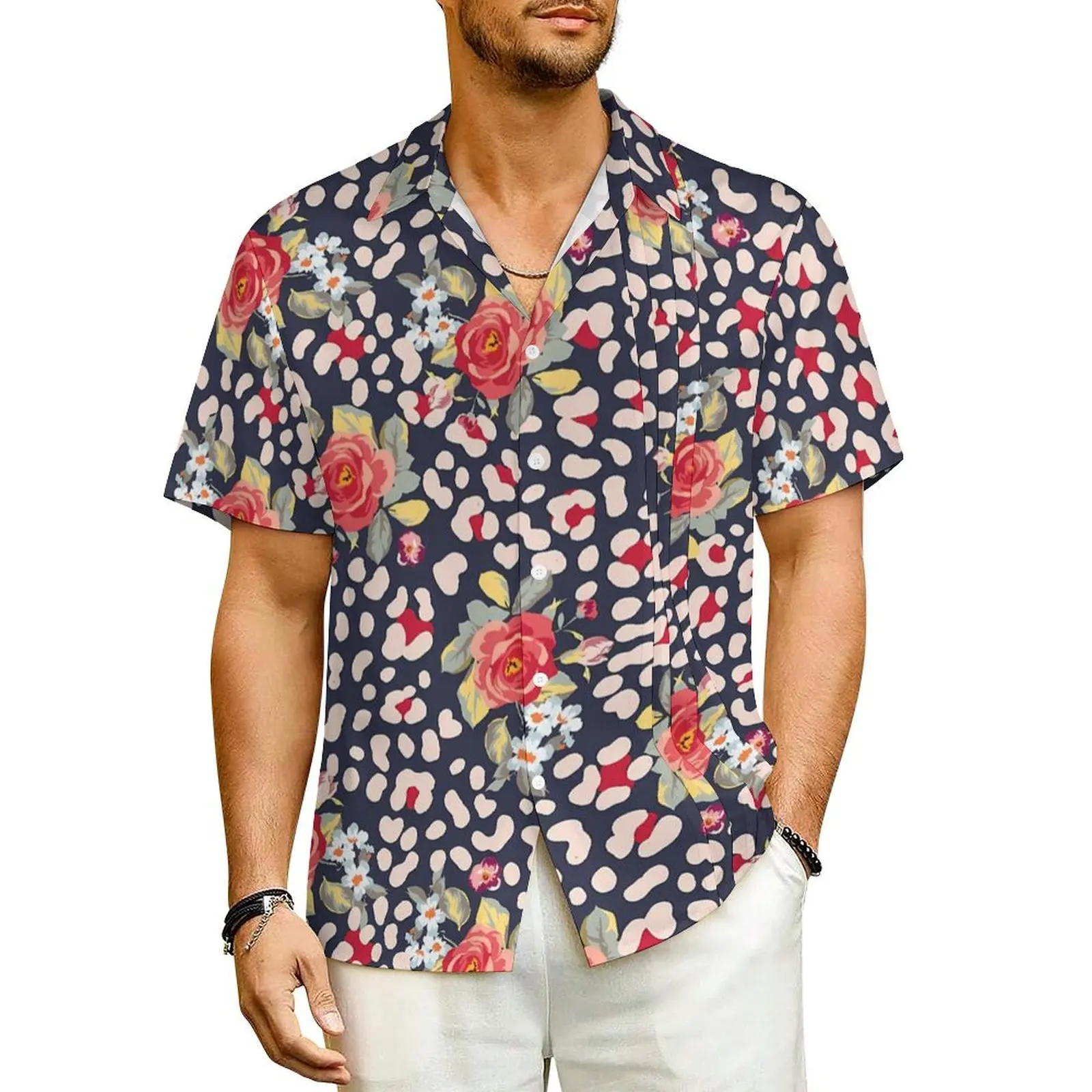 

Floral Leopard Spots Vacation Shirt Retro Roses Hawaiian Casual Shirts Men Trendy Blouses Short Sleeve Street Style Graphic Tops