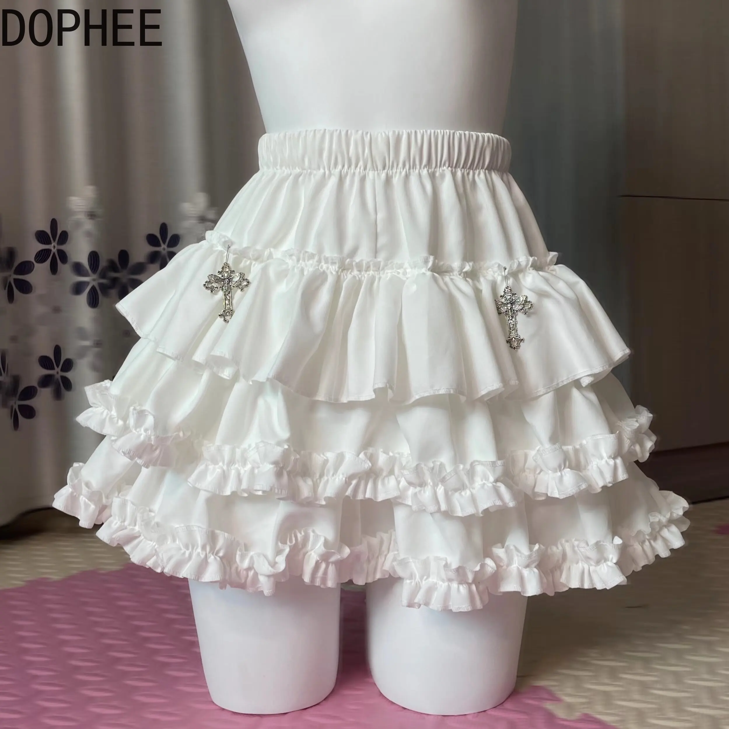 Original New Spring Summer Sweet Girls Lolita White Cake Skirt Elegant Ruffles Elastic Waist Cross Pendant Princess Lolita Skirt