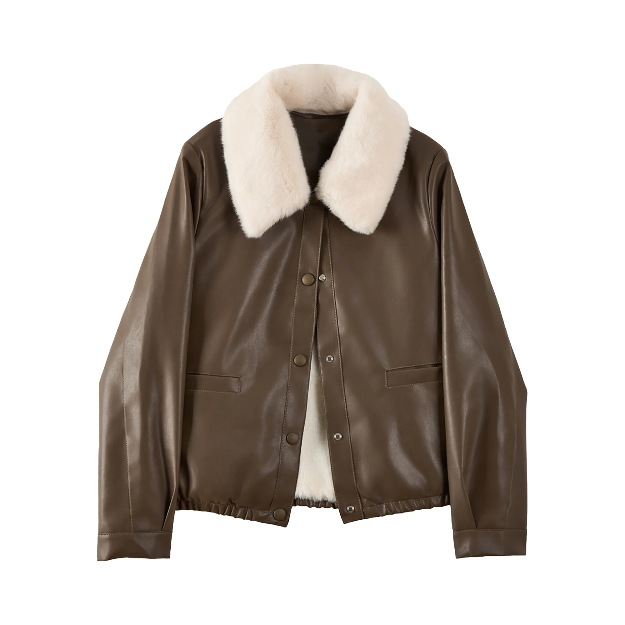 Thiened Fce 裏地付きPUレザー ジャケット レディース 冬用 ファッション バイク用 暖かいコート スタンドカラー ロングスリーブ レギュラー丈