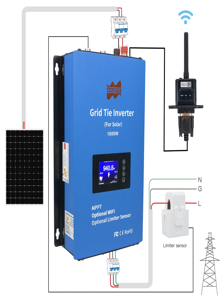 1000W 95V-265VAC 24V 48V Solar Grid Connected Inverter With Limiter And WiFi, Pure Sine Wave, Used For 36 60 72 Battery PV