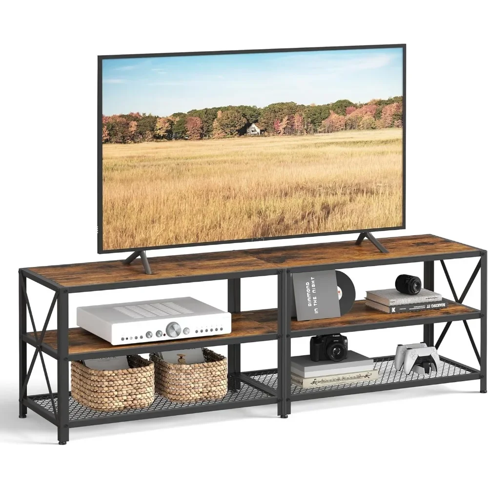 TV Stand, TV Console for TVs Up to 70 Inches, 63 Inches Width, TV Cabinet with Storage Shelves, Steel Frame, for Living Room