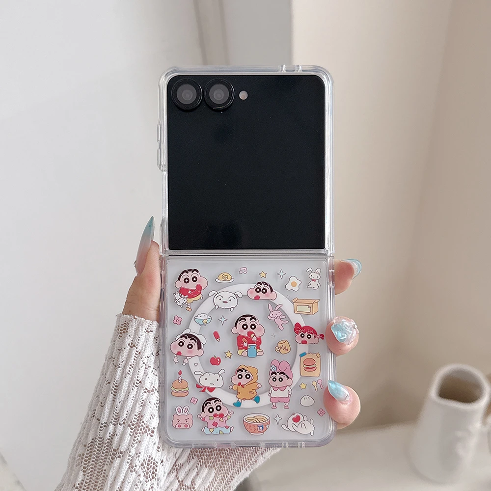 Cute Cartoon Crayon Shin-chan Magnetic Holder Magsafe Wireless Charge Phone Case For Samsung Galaxy Z Flip 8 7 Hard TPU Cover