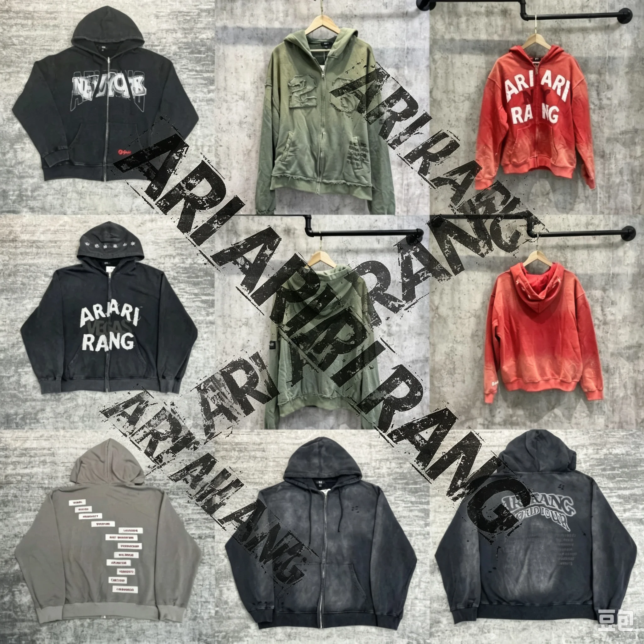 2026 Ariang Washed Green Zip Up Cropped Hoodie Raw Cut Patch Number Decoration Loose Casual Street Style Fans Jacket