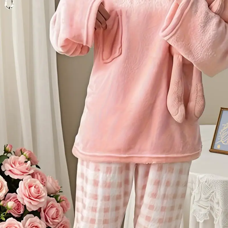 Sweet Cute Flannel Female Pajamas Set Grid Pants Pajamas Soft Winter New 2 Pcs Sleep Set Homewear Cozy Warm Loungewear Sleepwear