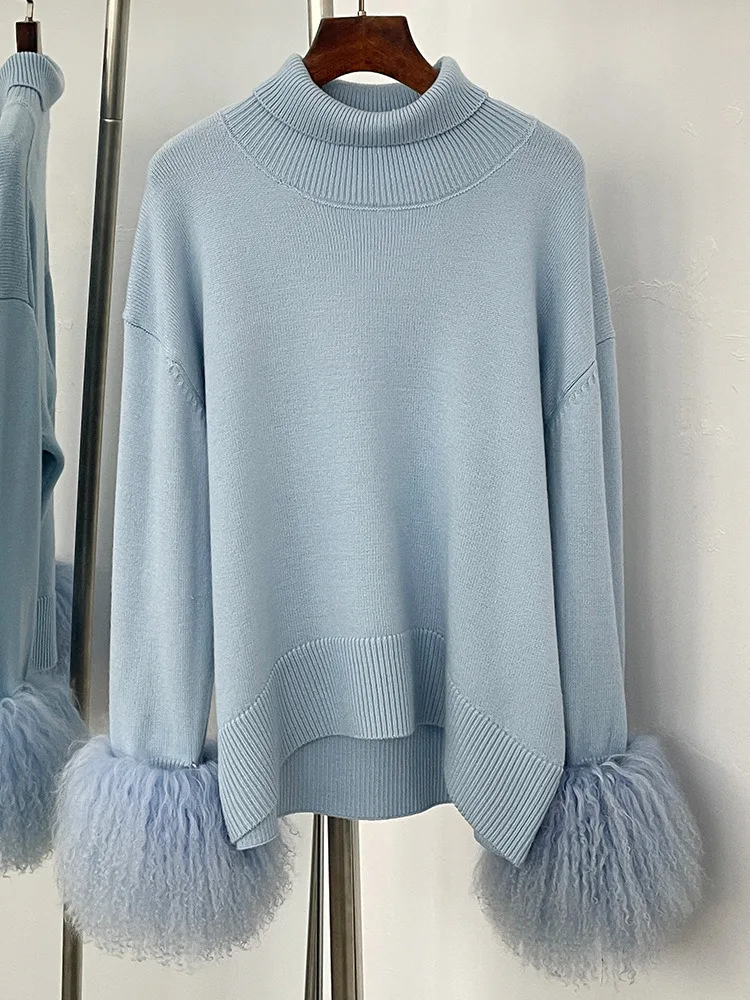 ZMEENNA ผู้หญิง Elegant คอสูงถักเสื้อกันหนาวหรูหรา Faux FUR Cuffs COZY แขนยาว Chic ฤดูหนาวความอบอุ่น ZM3417