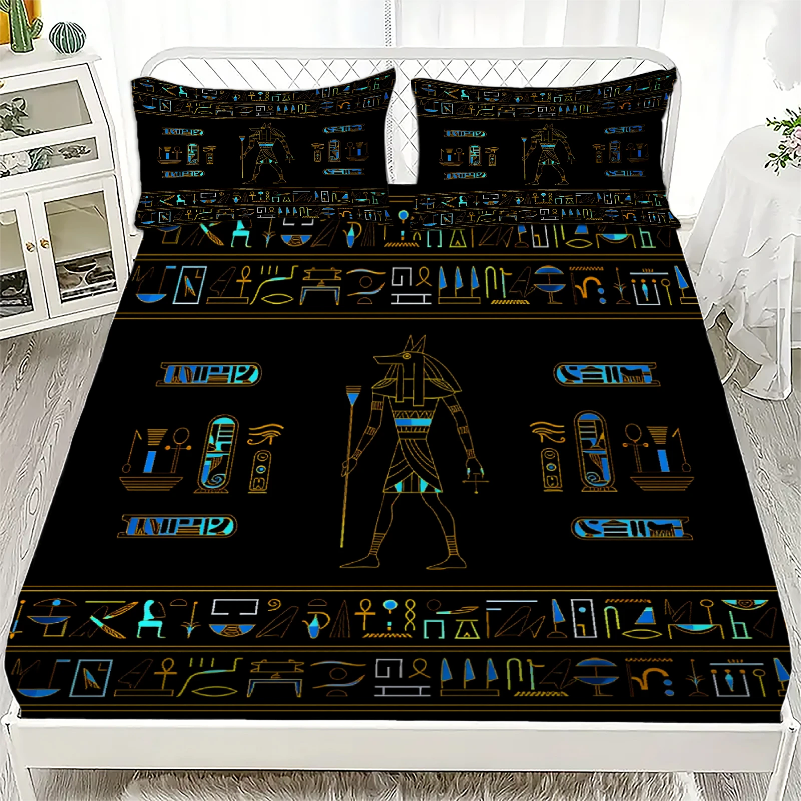 Ancient Egyptian Anubis Hieroglyphs Fitted Sheet Set Black Gold Blue Vintage Bedding with Pillowcases For Bedroom Decor