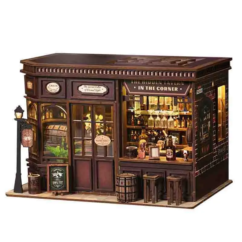 

New Mini Corner Tavern Model Wooden Dollhouse With Furniture Kit Diy Assemble Toys for Children Adult Birthday Gift Casa