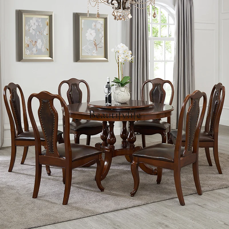 Mesa de comedor americana de madera maciza, mesa redonda sencilla europea retro para restaurante