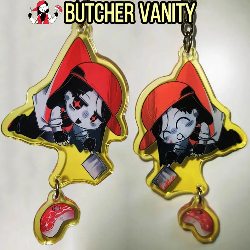 Anime Yi Xi Butcher Vanity Cosplay Keychain Acrylic Pendant Keyring Two-sided Key Chain Bag Accessories Halloween Ornament Prop