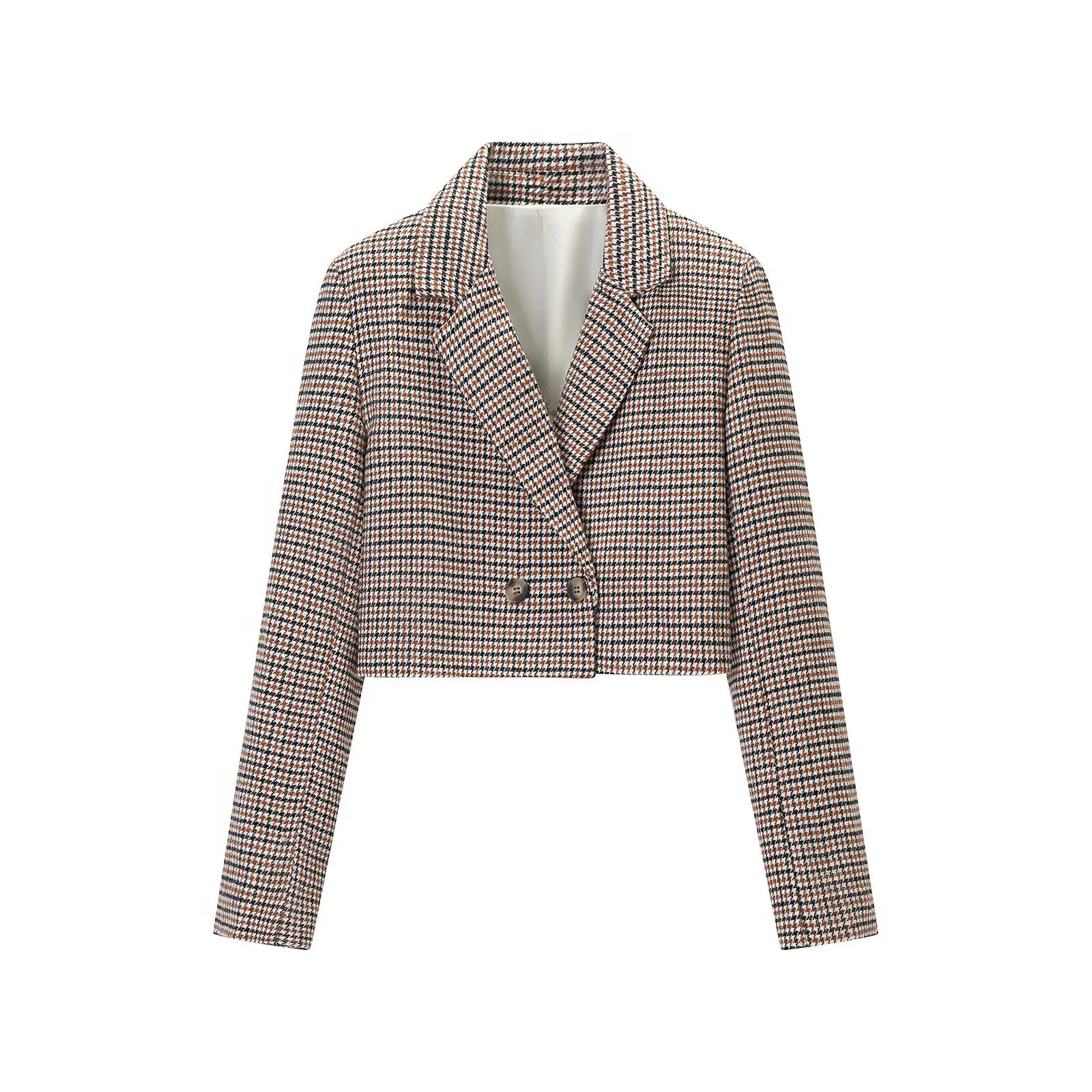 CHIC Autumn Women High Waist Brown Houndstooth Plaid Blazer Notched Collar Double-breasted Buttons Long Sleeve Suit Crop Coat