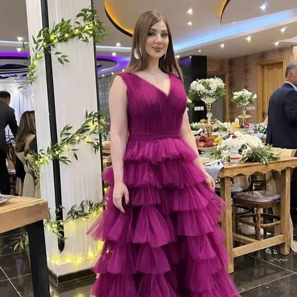 Msikoods V Neck Ball Gown Evening Dresses Ruched Tiered Pleats Wedding Guest Dress Luxury Long Graduation Gown Party Dress