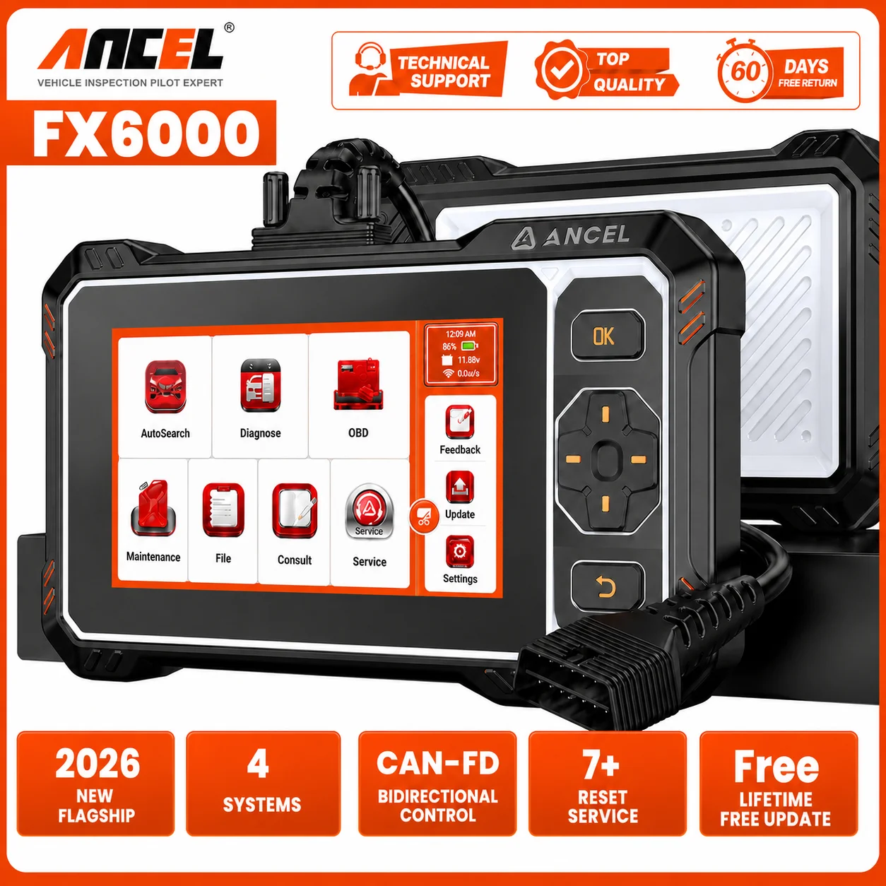 ANCEL FX6000 Scanner de diagnostic avec écran tactile Android 6,2 pouces, 4 systèmes (Moteur, Transmission, ABS, Airbag), 7 fonctions de réinitialisation, purge ABS, appairage de batterie, apprentissage de la commande d'accélérateur, apprentissage de la commande de vitesses, réinitialisation du système de freinage ABS, calibrage de l'angle de braquage, test actif, lecteur de codes OBD2, compatible avec plus de 100 marques
