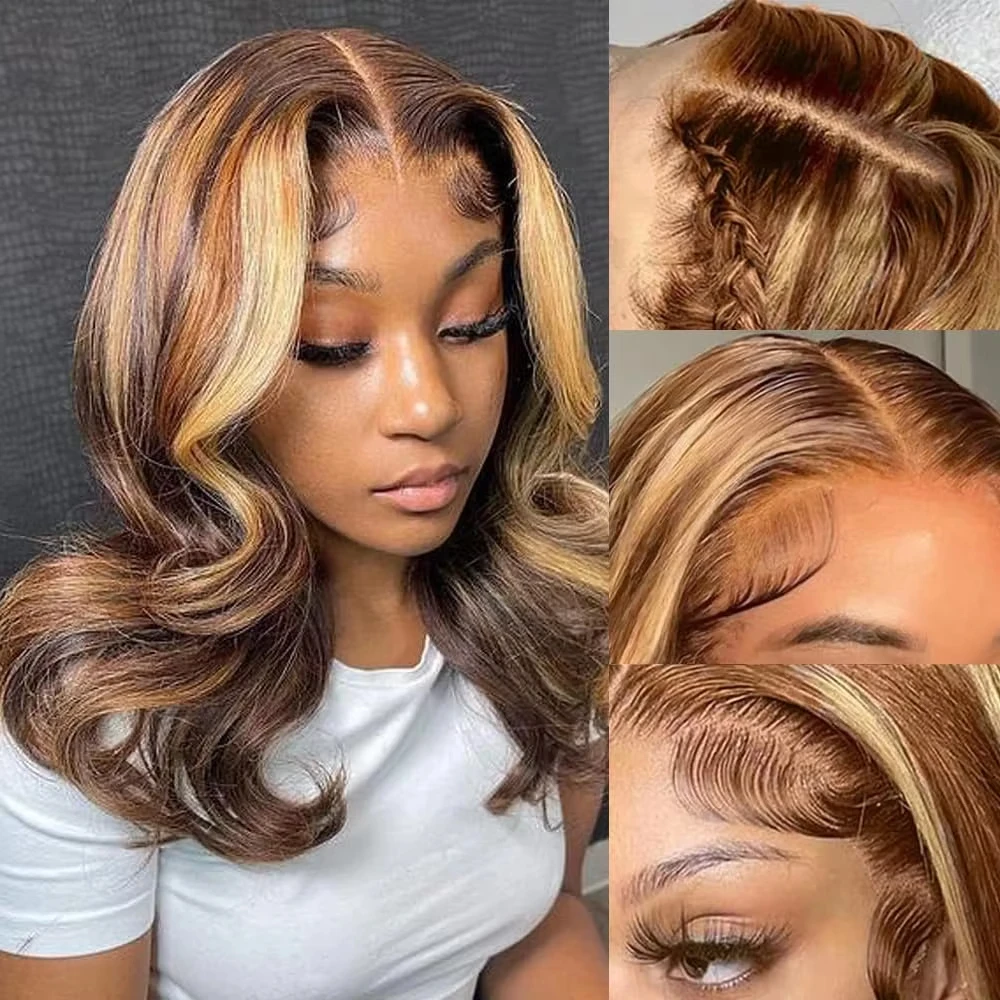 

Short Bob Wig 13x4 Lace Frontal Wigs #4/27 Highlight Color Brown Mix Blonde Real Human Hair Pre Plucked Hairline Body Wave Wigs