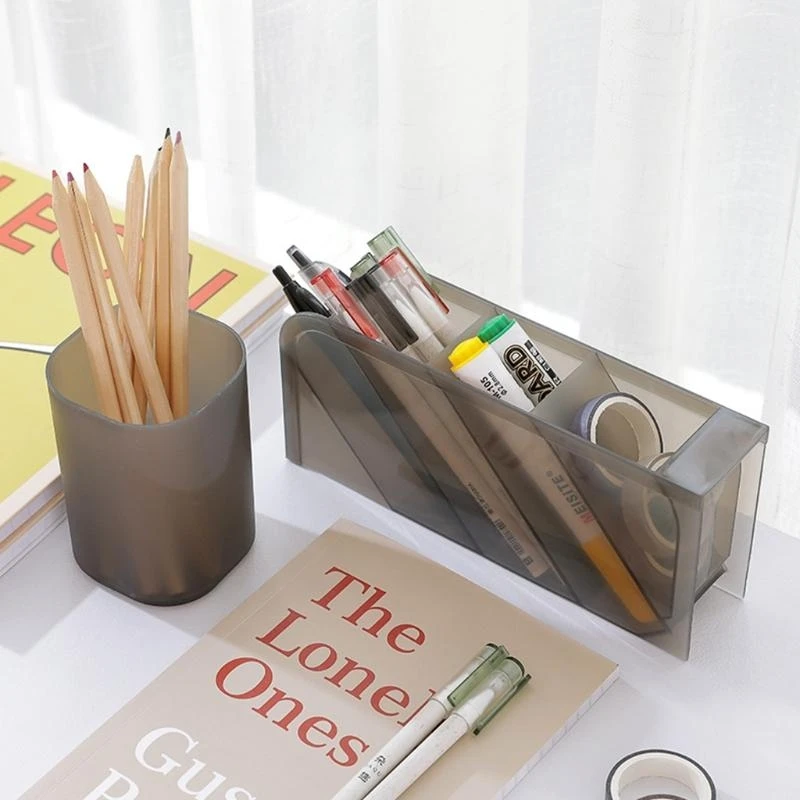 Y5LB Creative 4-grid Transparent Matte Pen Cup Oblique Put-in Desktop Inclined Colored Pencil Display Holder for Ideal fo