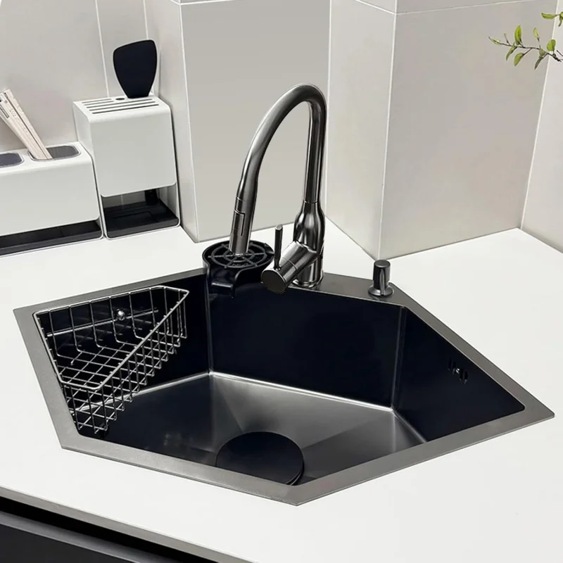 

(UUT) Шестиугольная угловая кухонная мойка, большая одинарная чаша из нержавеющей стали, ручная работа, с выдвижным краном (черный, серый, 84*55 см) EG