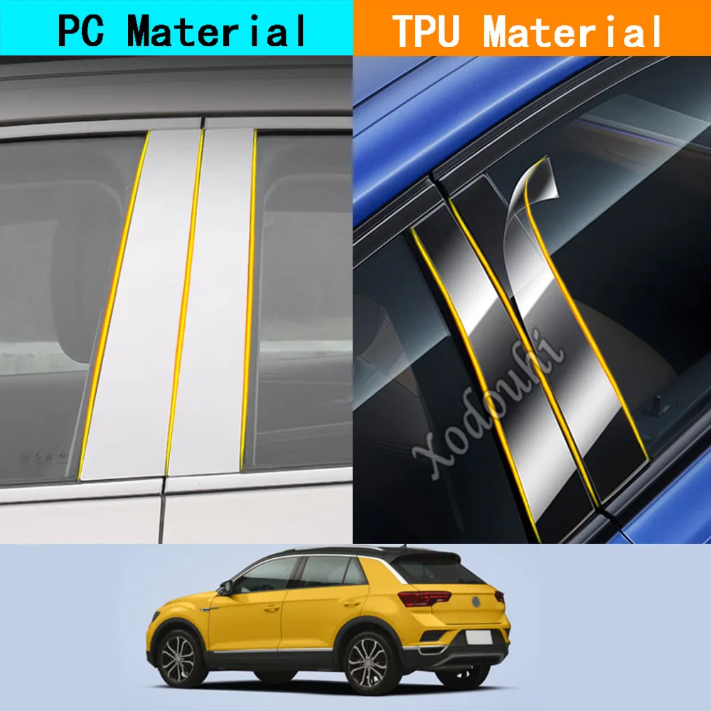 

Car TPU/Glossy Mirror Post Cover Door Trim Window Molding Stickers 6pcs For Volkswagen VW TROC T-ROC 2018 2019 2020 2021-2023