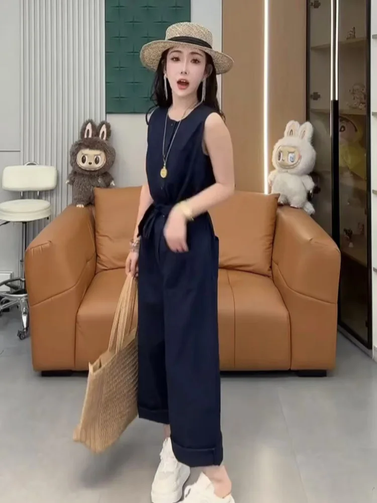 2025년 여름 패션 캐주얼 루즈 여성 세트 한국 스타일 슬림핏 스웨트셔츠 와이드 레그 팬츠 점프수트 폴리에스터