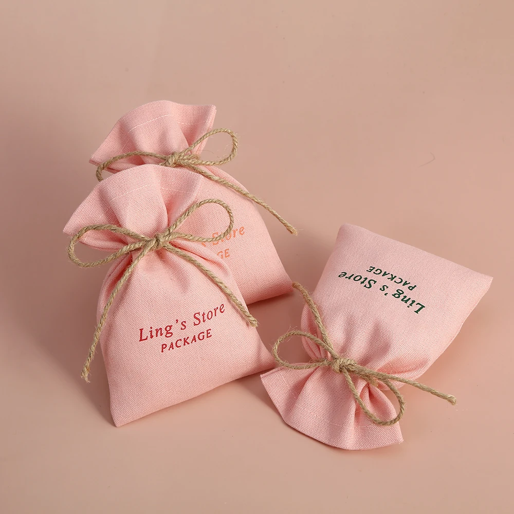 

100pcs Custom Logo Pink Cotton Drawstring Gift Bags 10X15cm Small Pouches for Jewelry Organizer Wedding Favors Party Candy Bag