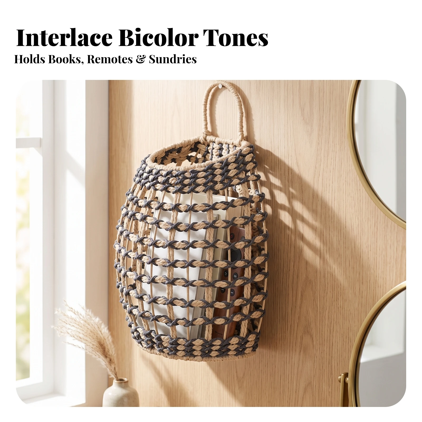 Wall-Mounted Storage Basket Handmade Hanging Basket with Loop Handle Organizer Decorative Multi-Purpose for Living Room