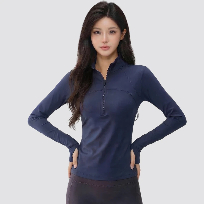 Women's Breathable Tracksuit Jackets Slim Fit Long-sleeved Half-zip Yoga Crop Tops Thumb Holes Fitness Gym Workout Sweatshirts