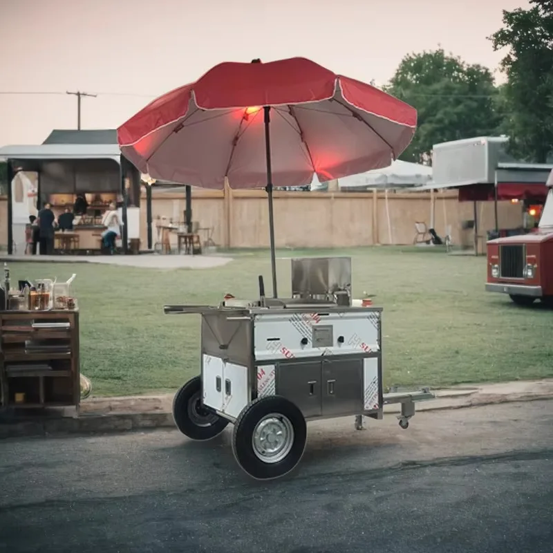 Wheeled Mobile Fast Food Trolley Towable Stainless Steel Hot Dog Cart for Street Vendor Hamburger Seafood Customized