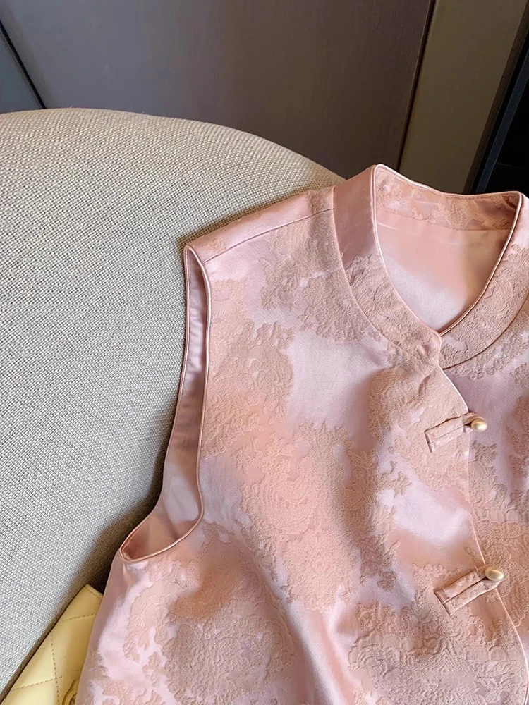 달콤한 핑크색 중국식 자수 조끼 남녀 봄 가을 고품질 민족 스타일 어깨 패드 레이어드...