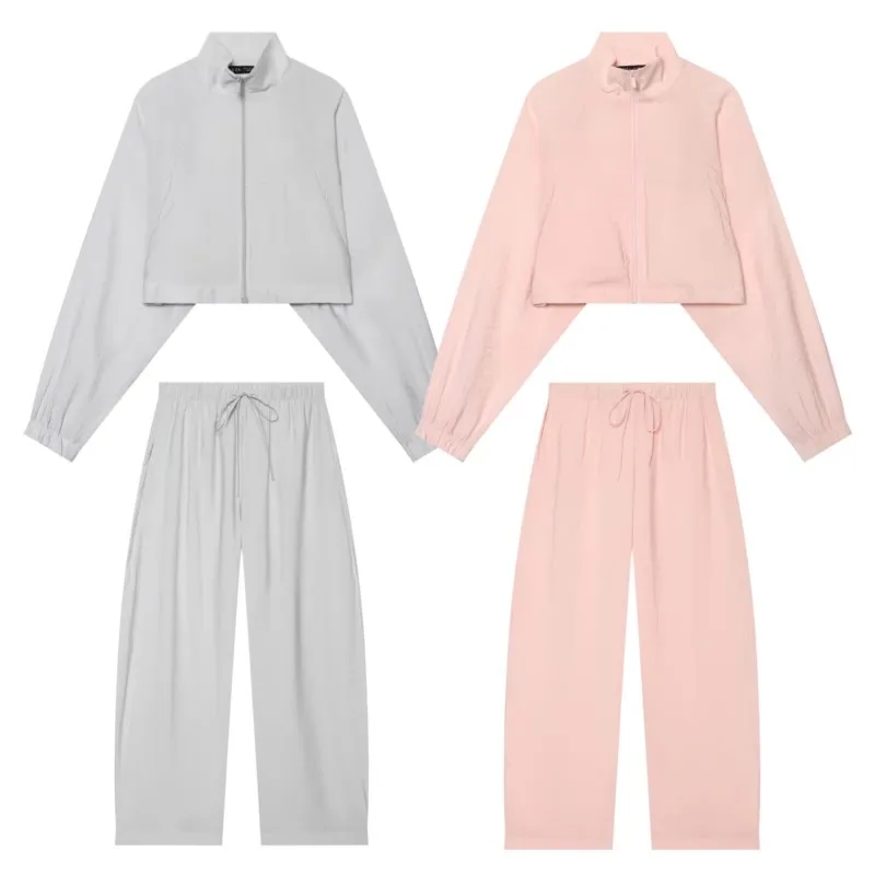 HipSeam Women's Mid Waist Pants 2 Pieces Set New 2026 Spring High Neck Fluid Cropped Jacket Flowing Trousers Female Outfit