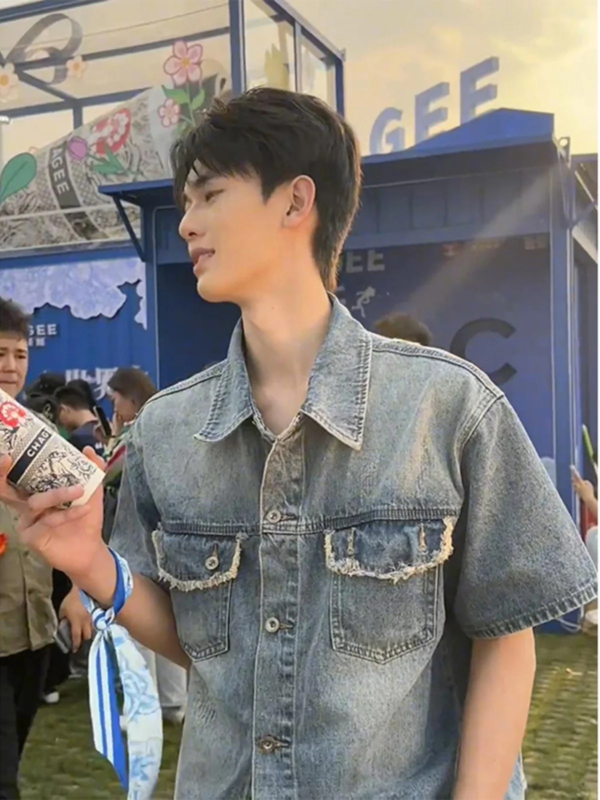 Blue Padded Shoulder Denim Short Sleeve Men's Shirt Vintage Workwear Jacket Summer Trendy Brand Worn  Retro Work Shirt