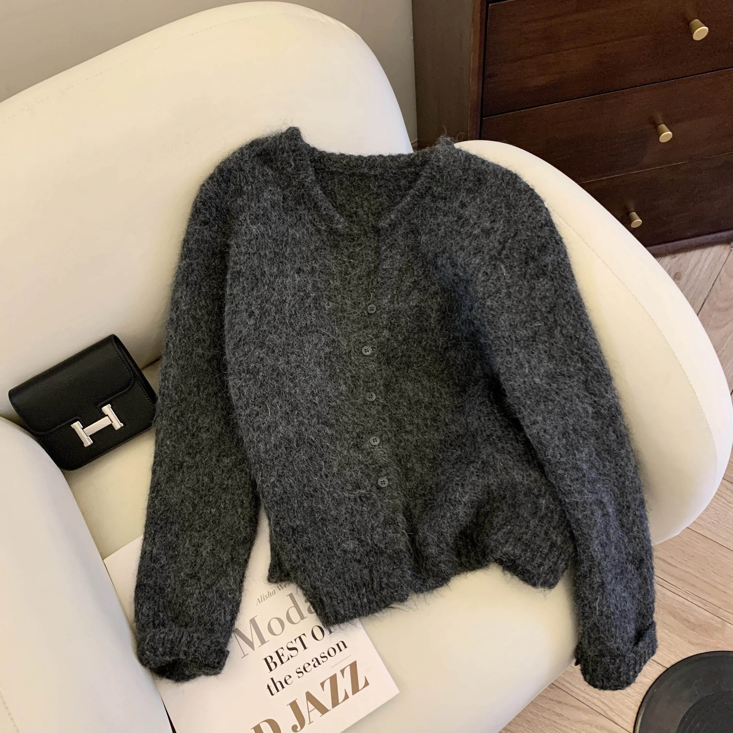 Frauen Off White V-ausschnitt Strickjacke Pullover Koreanischen Stil Lange Ärmel Einfarbig Kaschmir Pullover Vintage Y2k 2000er Jahre Kleidung herbst