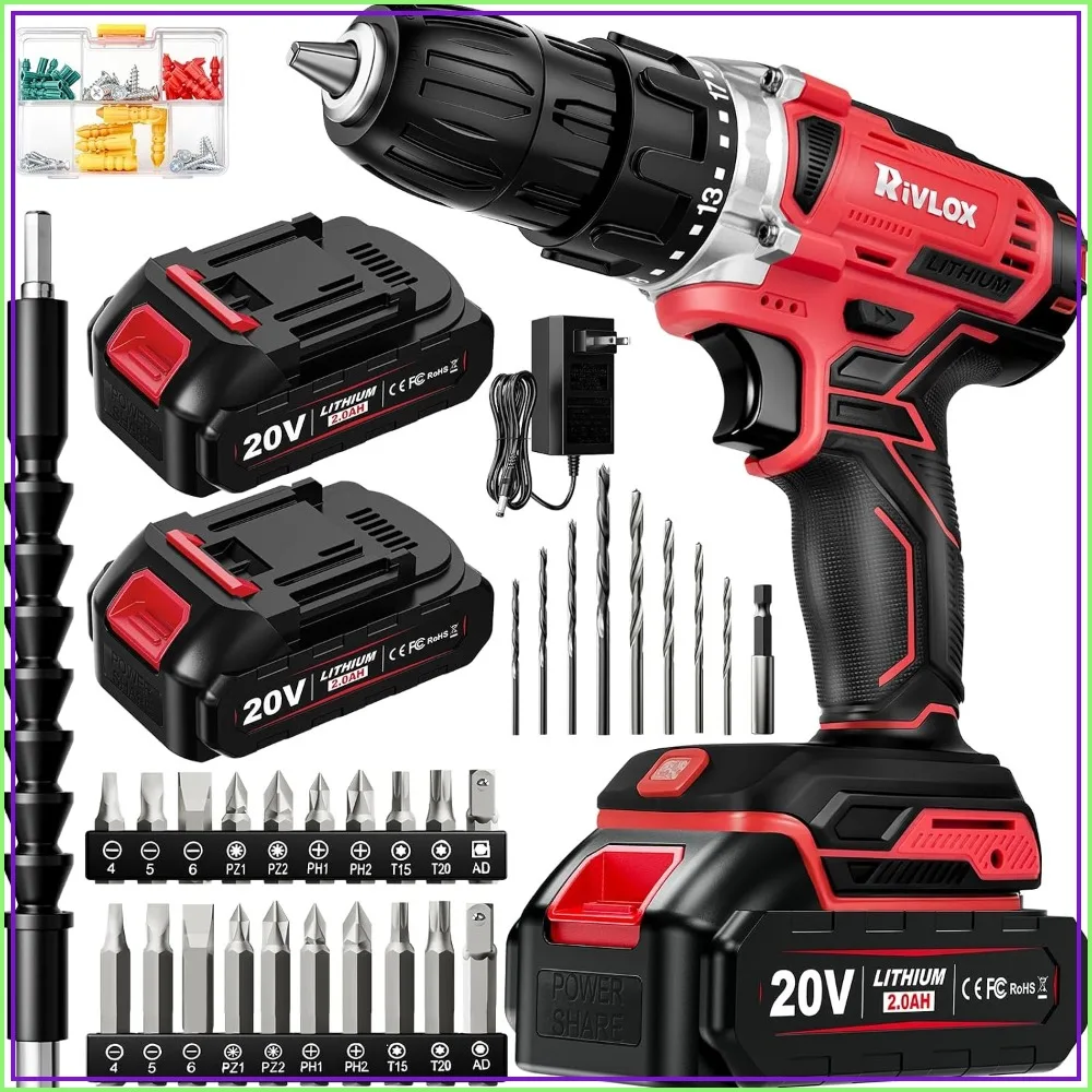 

20V Cordless Drill Set with 2.0Ah Batteries, 30Nm Torque, 21+1 Clutch, 2 Speed, LED Light, 34-Piece Accessory Kit for Home Use