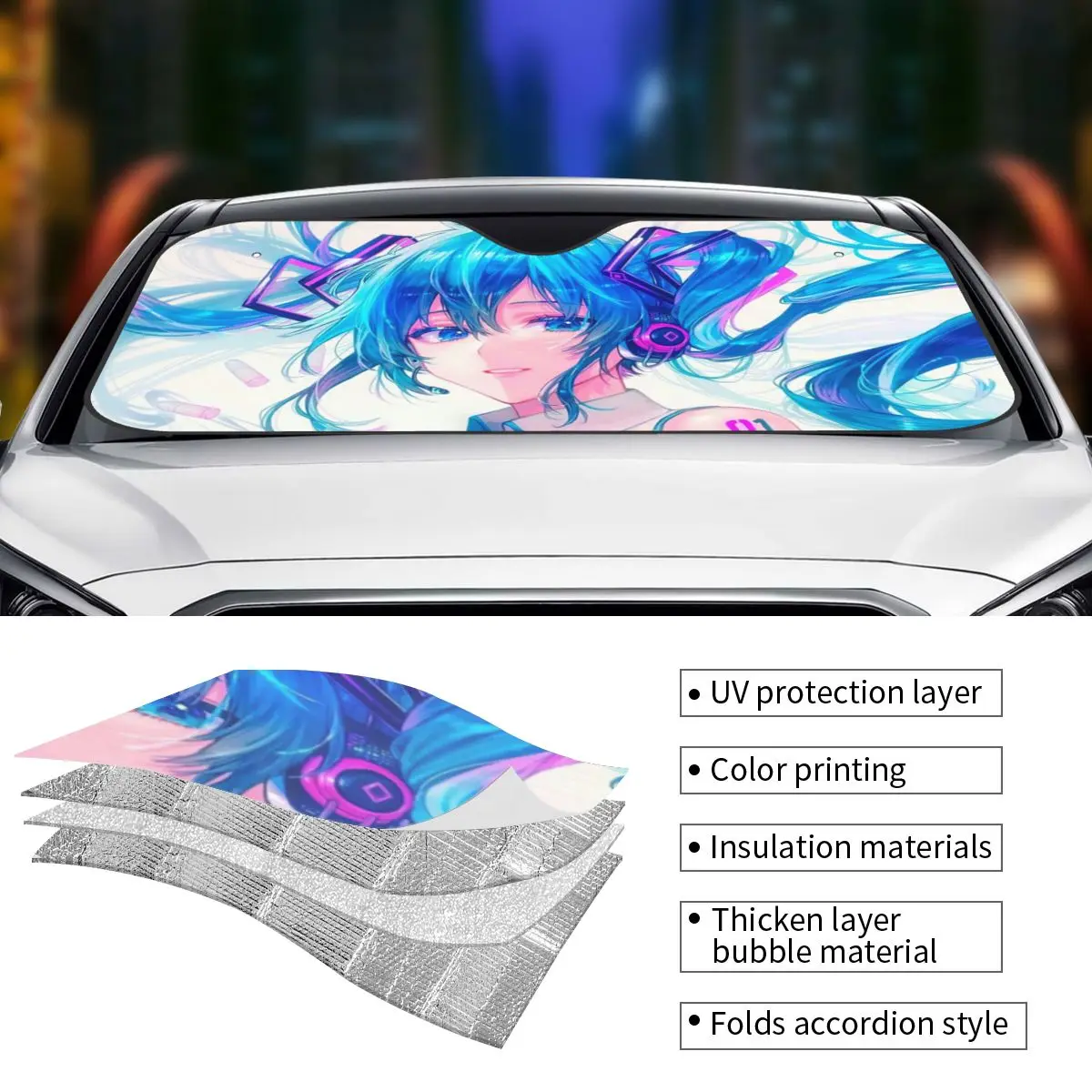 Hatsune Miku Windshield Sunshade Funny Cover Front Block Window 76x140cm Car Window Windscreen Cover Accessories Covers