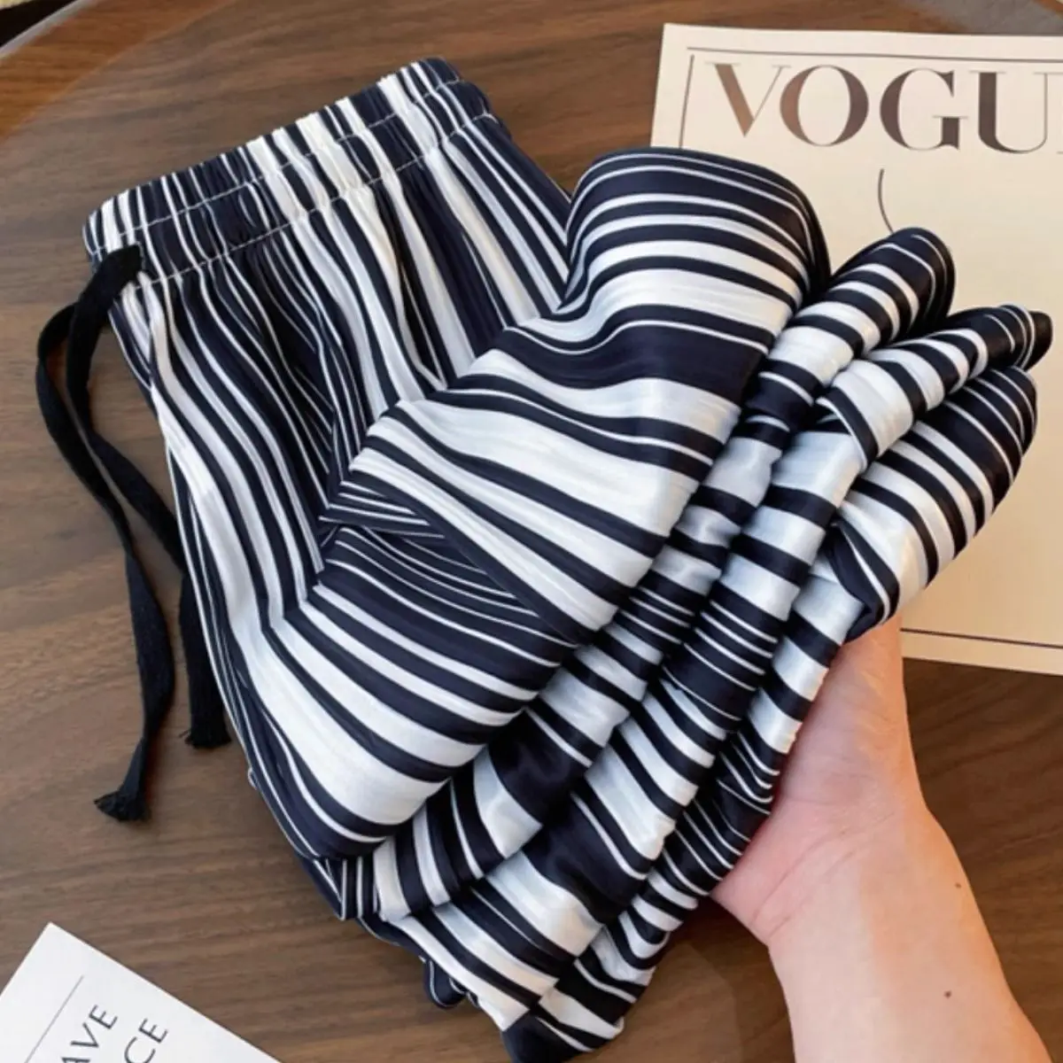Contrasting Color Ice Silk Straight Pants Women 2026 Summer New Thin High Waist Trousers Female Casual Large-size Wide-leg Pants