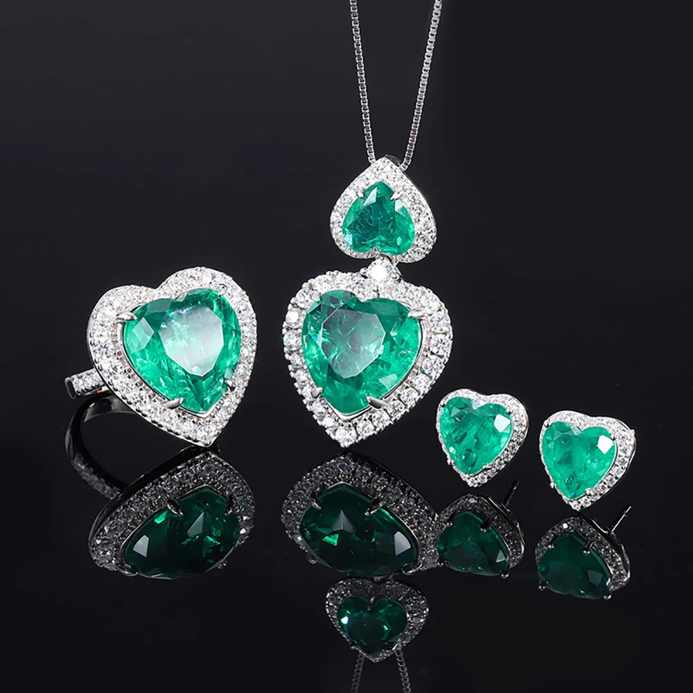 EYIKA Luxury Brazil Green Blue Paraiba Tourmaline Heart Pendant Necklace Ring Earrings Fusion Stone Jewelry Set Gift for Women
