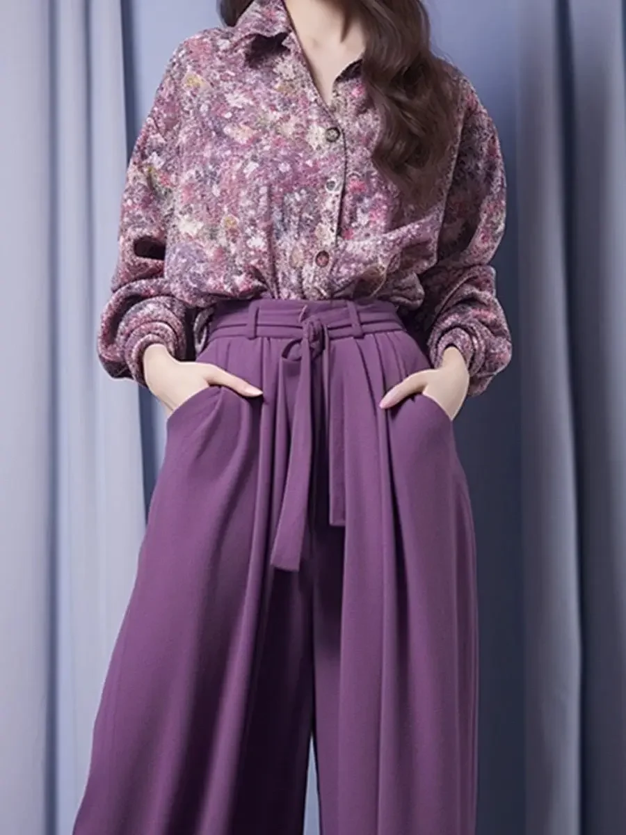 Ladies Trouser Spring Autumn Purple Baggy Shirt Floral Wide Leg Women's Blouse and Pants Two Piece Set with Belt Korea Stylish D