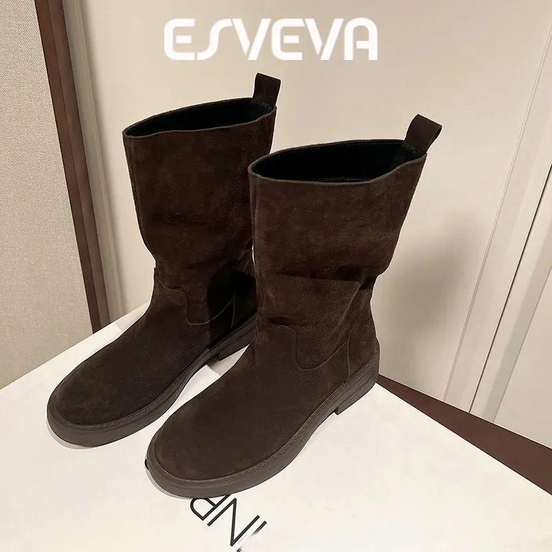 ESVEVA 2027 Fashion Women Ankle Boots Cow Suede Leather Winter Woman Shoes Mid Heel Mid Calf Autumn Motorcycle Short Boots 34-40
