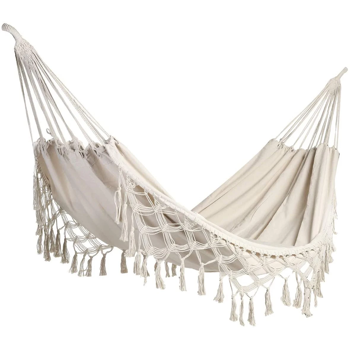 Handmade Classic Hammock Macrame Fringe Tree Organic Cotton  Foldable Swing Bed for Camping,Beach,Yard,Bedroom, Patio, Porch