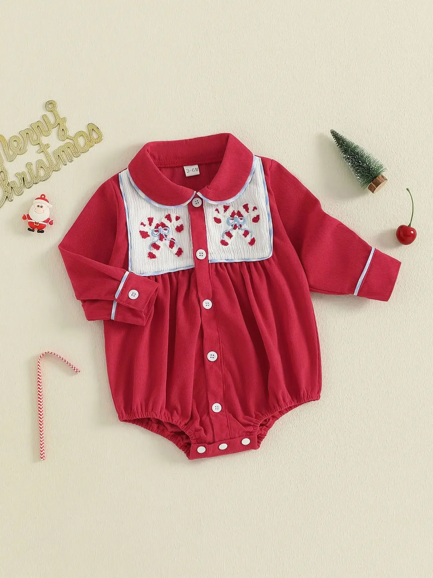 クリスマス 0-18M 新生児サンタクロース刺繍ボディスーツ 2025 女の赤ちゃん男の子ロンパース襟長袖コットンクリスマスホリデー衣装